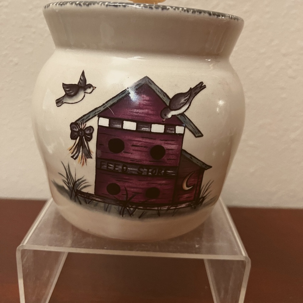 Home and Garden Party BIrd House Stoneware Cookie/ Canister Jar 6"